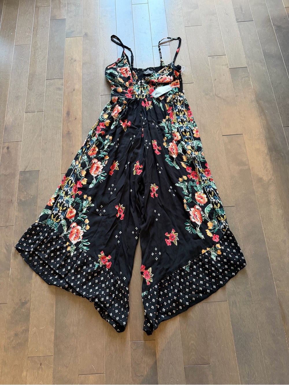 Angie Black Floral Wide-Leg Spaghetti-Strap Jumpsuit